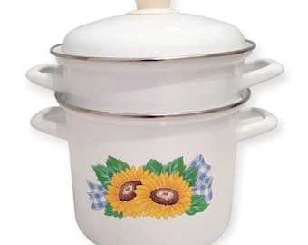 Vintage Corelle Sunsations Sunflower By Corning Enamelware 7 Qt. Metal Steamer Stock Pasta Pot