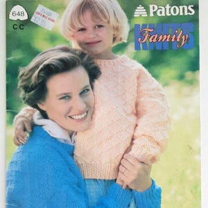 Patons Family Knits 648 Vintage Knitting Pattern Book 1990 Sweaters Cardigans Kids Adult Unisex Patons Canada DIY Yarn Booklet