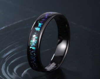 Men blue opal wedding band,6mm black ring Galaxy opal wedding ring Promise Ring for Him