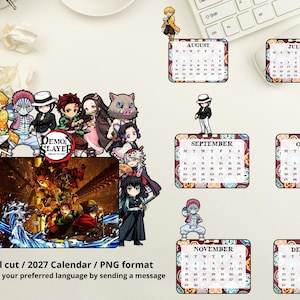 Könnte beinhalten: Ein 2027-Kalender mit Charakteren aus der Anime-Serie Demon Slayer. Der Kalender enthält Monatsseiten von Juli bis Dezember, die jeweils mit Charakterillustrationen verziert sind. Das Bild enthält auch Charakterausschnitte und den Text "Manual cut / 2027 Calendar / PNG format."