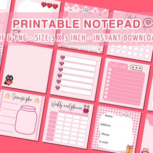 Puede incluir: Una colección de blocs de notas rosas imprimibles, cada uno de 7,6 x 7,6 cm, con varios diseños. Los blocs de notas incluyen secciones para objetivos, gastos, planes de ahorro, planificación semanal de comidas e información de contacto. El diseño incorpora corazones e ilustraciones bonitas.