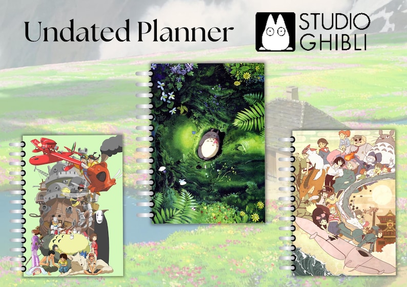 May include: Three undated planners featuring Studio Ghibli characters. The first planner has a green background with Totoro sleeping in a tree. The second planner has a light green background with a scene from Howl's Moving Castle. The third planner has a light brown background with a scene from My Neighbor Totoro.