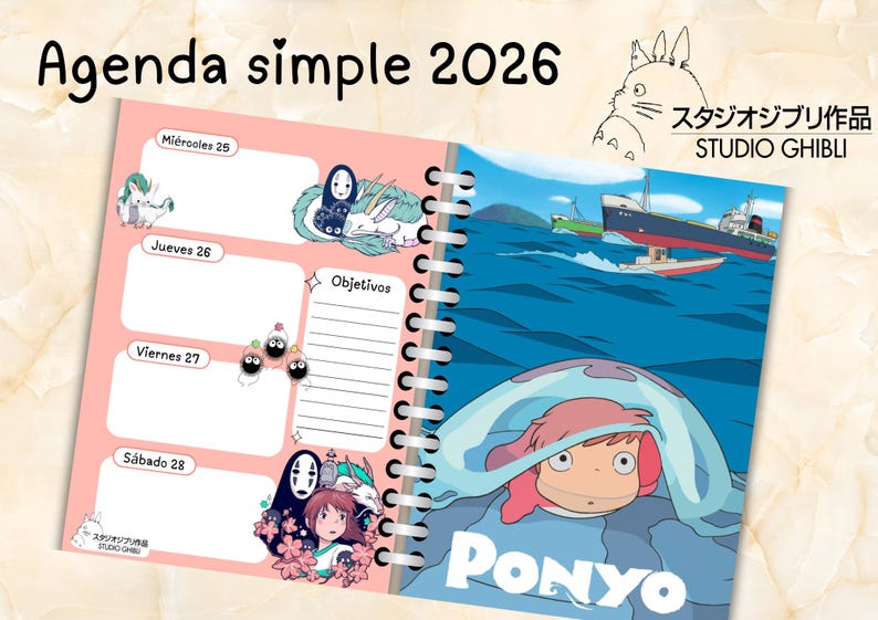 May include: Open planner with a pink and white design, featuring illustrations from Studio Ghibli's "Ponyo" and other characters. The planner includes weekly layouts, the text "Agenda simple 2026", and Japanese text.