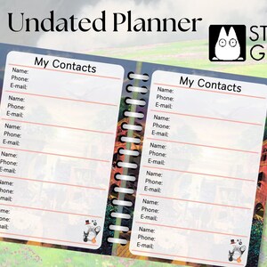 May include: A white planner with a spiral binding and a colourful image of a town from the Studio Ghibli movie, Totoro. The planner has a section for contacts with the title "My Contacts" on both sides.