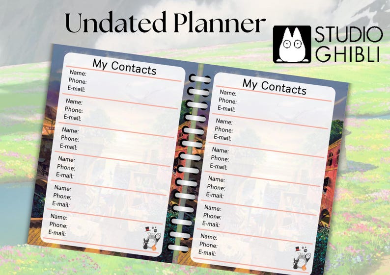 May include: A white planner with a spiral binding and a colourful image of a town from the Studio Ghibli movie, Totoro. The planner has a section for contacts with the title "My Contacts" on both sides.