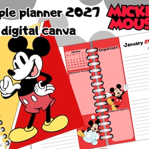 Puede incluir: Una agenda digital 2027 con gráficos de Mickey Mouse. La portada es roja y amarilla con una gran ilustración de Mickey Mouse. Las páginas interiores incluyen un calendario de enero de 2027, secciones con líneas para notas y detalles de Mickey Mouse.
