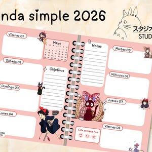 May include: Pink 2026 planner with Studio Ghibli illustrations. The planner features weekly layouts with dates, notes sections, and character art. The cover reads "Agenda simple 2026".