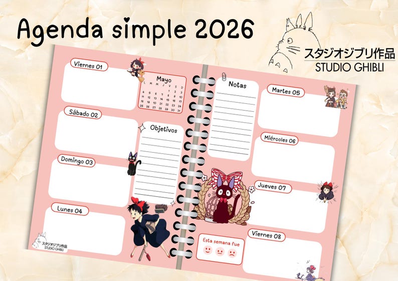 May include: Pink 2026 planner with Studio Ghibli illustrations. The planner features weekly layouts with dates, notes sections, and character art. The cover reads "Agenda simple 2026".
