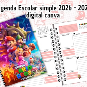 May include: A 2026-2027 digital school planner featuring a Super Mario Bros. movie cover with Mario, Luigi, Peach, Bowser, and Donkey Kong. The interior pages include sections for notes, homework lists, and daily schedules with pink accents.