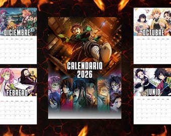 Digitaler Kimetsu no Yaiba Anime-Kalender 2026 – Demon Slayer – Anpassbares A3- und A4-PDF-Format – Spanisch