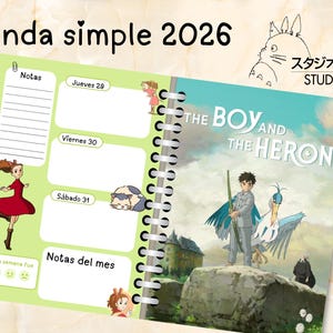 May include: Spiral-bound planner with the text "Agenda simple 2026" and illustrations. Features a cover with "The Boy and the Heron" artwork and Studio Ghibli branding. Interior pages include daily and monthly notes sections.