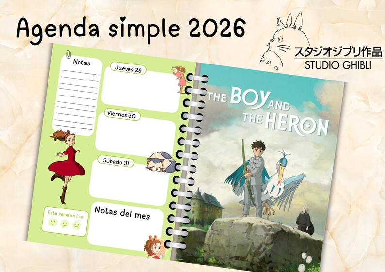 May include: Spiral-bound planner with the text "Agenda simple 2026" and illustrations. Features a cover with "The Boy and the Heron" artwork and Studio Ghibli branding. Interior pages include daily and monthly notes sections.