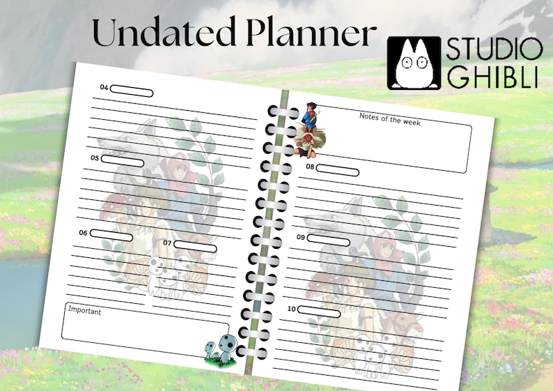 May include: An undated planner with a white background and black lines. The planner has a spiral binding and features illustrations of characters from Studio Ghibli films. The text "Undated Planner" and "Studio Ghibli" are printed on the cover.