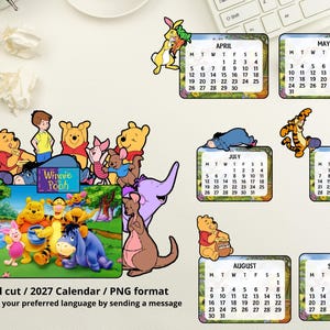 Op de afbeelding: Een kleurrijke kalender voor 2027 met Winnie de Poeh-personages. De kalender toont de maanden april tot en met september, met de data in een rechthoekig kader. De tekst "Manual cut / 2027 Calendar / PNG format" is ook aanwezig.