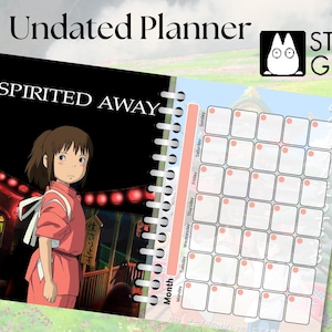 May include: Undated planner featuring a black and white illustration of Chihiro from the animated film Spirited Away. The planner has a black cover with the title "Spirited Away" in white text. The planner has a spiral binding and a monthly calendar with a pink background.