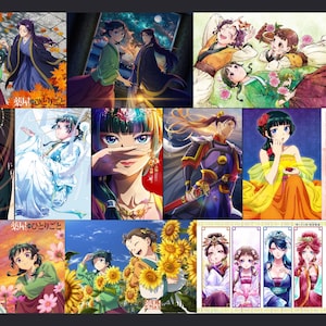 May include: A series of anime-style illustrations depicting characters in traditional Asian clothing. The images show various scenes, including figures in gardens, portraits, and group settings. The artwork has vibrant colours and detailed character designs.