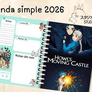 May include: A spiral-bound planner with a light blue cover featuring illustrations from "Howl's Moving Castle" and the text "Agenda simple 2026." The planner includes sections for notes, and the days of the week.