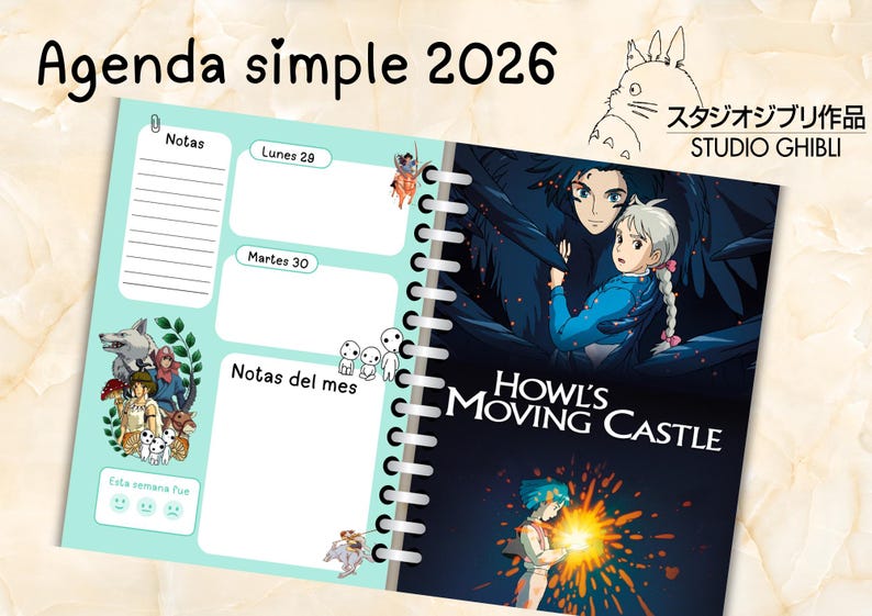 May include: A spiral-bound planner with a light blue cover featuring illustrations from "Howl's Moving Castle" and the text "Agenda simple 2026." The planner includes sections for notes, and the days of the week.