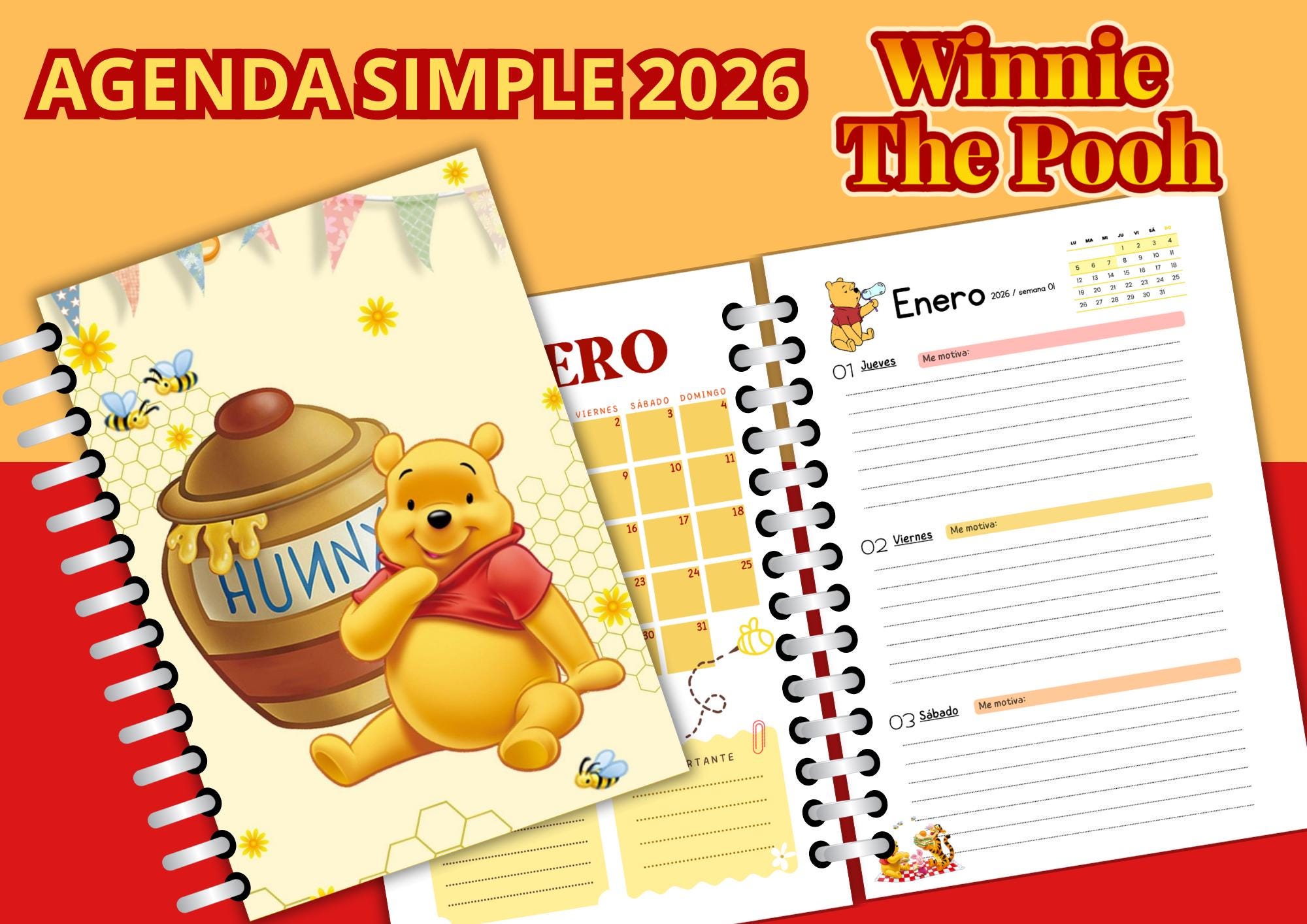 Simple 2026 Winnie the Pooh Planner - Editable in Canva - Spanish