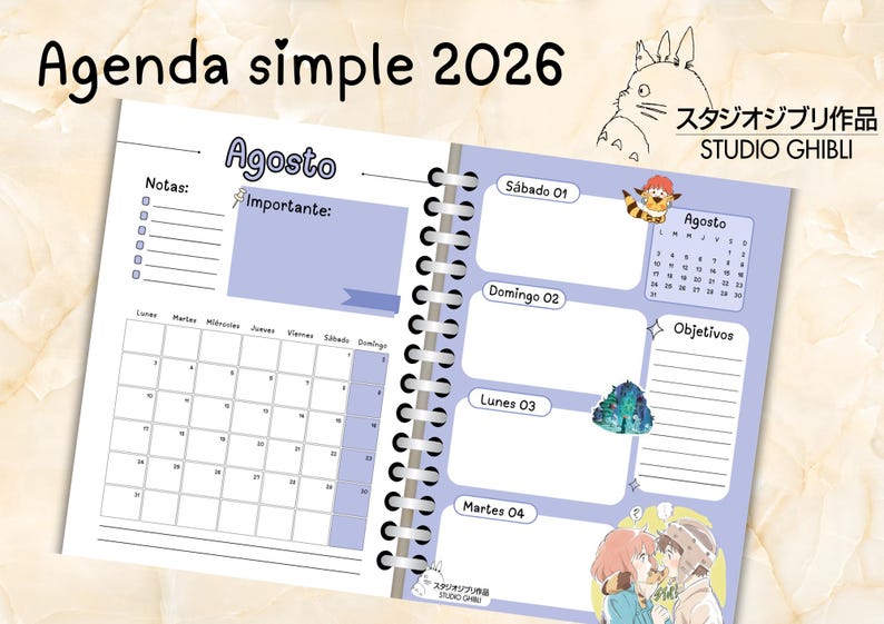 May include: Open planner with the text "Agenda simple 2026" and "Agosto" visible. The planner features a calendar, notes section, and illustrations of Studio Ghibli characters. The design is in shades of blue and white.