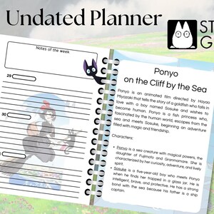May include: A printable planner page featuring a black and white illustration of Kiki from the movie Kiki's Delivery Service. The page is titled "Undated Planner" and has a section for "Notes of the week". The page also features a section about the movie Ponyo on the Cliff by the Sea, with a description of the movie and its characters.