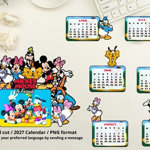 Puede incluir: Una colección de recortes de personajes de Mickey Mouse y sus amigos, incluido un calendario para 2027. El calendario presenta los meses de abril a septiembre, cada uno con un personaje diferente. También se ve el texto "Mickey Mouse & Friends".