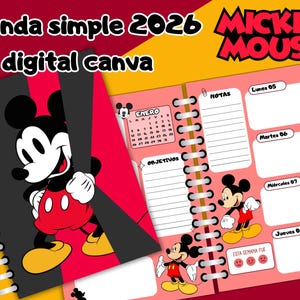 シンプルな2026年ミッキーマウス＆フレンズプランナー - Canvaで編集可能 - スペイン語