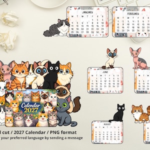 以下が含まれることがあります： 漫画の猫のイラストが特徴の2027年カレンダー。各月は異なる猫のデザインで、別々のカードに表示されます。カレンダーには「Manual cut / 2027 Calendar / PNG format」と「Request it in your preferred language by sending a message」というテキストが含まれています。