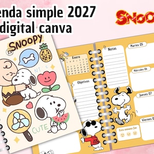 Puede incluir: Una plantilla de agenda digital 2027 con ilustraciones de Snoopy y Charlie Brown. La portada muestra personajes de dibujos animados, una piña y una flor. Las páginas interiores incluyen un calendario de enero, una sección de notas y cajas de planificación diaria con gráficos de Snoopy.
