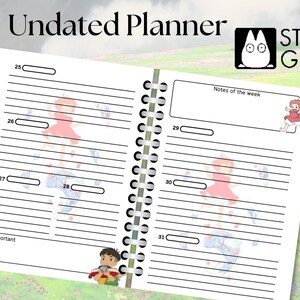 May include: Undated planner with a white background and black lines. The planner has a spiral binding and features illustrations of characters from Studio Ghibli films. The text "Undated Planner" and "Studio Ghibli" are printed on the cover.
