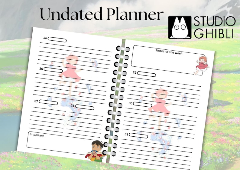 May include: Undated planner with a white background and black lines. The planner has a spiral binding and features illustrations of characters from Studio Ghibli films. The text "Undated Planner" and "Studio Ghibli" are printed on the cover.