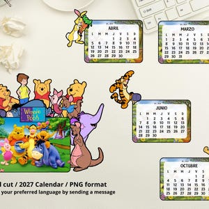 Könnte beinhalten: Ein Kalender-Set für 2027 mit Winnie Puuh-Figuren wie Tigger, Ferkel, I-Aah und Rabbit. Die Sammlung enthält mehrere monatliche Kalenderblätter mit farbenfrohen Illustrationen und dem Text Manual cut / 2027 Calendar / PNG format.