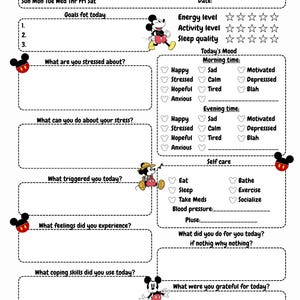 Op de afbeelding: Een wit Mindful Moments werkblad met Mickey Mouse illustraties. Het document bevat secties voor dagelijkse doelen, stressregistratie, stemmingslogboeken voor de ochtend en avond, checklists voor zelfzorg en ruimtes voor dankbaarheid met lijnen voor tekst.