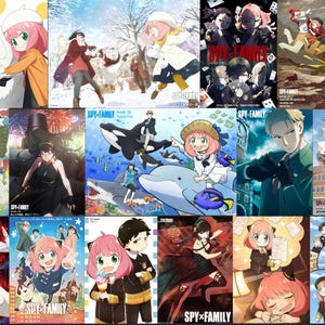 以下が含まれることがあります： アニメ「SPY×FAMILY」のキャラクターが登場するカラフルなアニメポスターのコレクション。ポスターには、キャラクターのアクションシーン、集合写真、プロモーションアートなど、さまざまなシーンが描かれています。アートワークは鮮やかで詳細です。