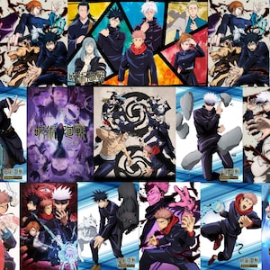 May include: A collection of 12 anime character illustrations from the Japanese manga series "Jujutsu Kaisen". The characters are depicted in various poses and expressions, with some holding weapons or other objects. The illustrations are in a colorful style, with a variety of backgrounds and settings.