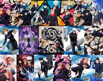 May include: A collection of 12 anime character illustrations from the Japanese manga series "Jujutsu Kaisen". The characters are depicted in various poses and expressions, with some holding weapons or other objects. The illustrations are in a colorful style, with a variety of backgrounds and settings.