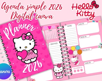 Digital 2026 Planner - Simple Kawaii - Editable in Canva - Spanish - Diary - Planner