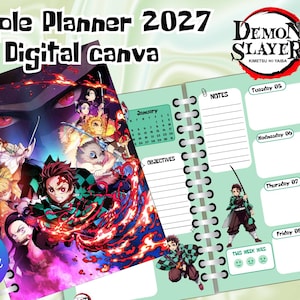 Puede incluir: Una agenda digital 2027 con ilustraciones de Demon Slayer Kimetsu no Yaiba. La portada muestra un collage vibrante de personajes de anime con efectos de fuego. La página interior es verde claro con secciones para notas y objetivos.