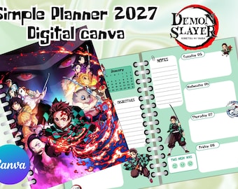 May include: A 2027 digital planner featuring Demon Slayer Kimetsu no Yaiba artwork. The cover displays a vibrant anime character collage with fiery effects. The interior page is light green with sections for notes, objectives, and daily schedules.