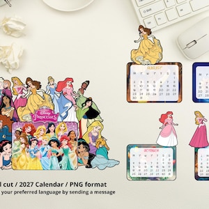 Puede incluir: Un calendario colorido con princesas de Disney, con los meses de agosto, septiembre, octubre y noviembre. La imagen incluye el texto "Manual cut / 2027 Calendar / PNG format".