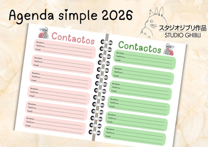 May include: Open notebook with contact pages. The title "Agenda simple 2026" is at the top. The notebook has pink and green contact sections with the word "Contactos" above each. A Studio Ghibli character is in the corner.