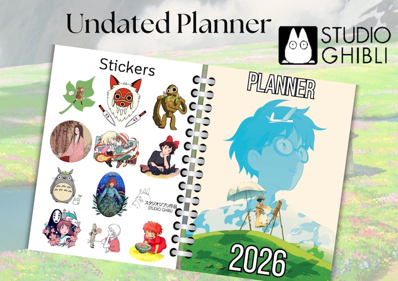 May include: An undated planner featuring a Studio Ghibli theme. The cover depicts a blue and white illustration of a young person wearing glasses. The planner has a spiral binding and a section for stickers. The stickers include characters from Studio Ghibli films, such as Totoro, No Face, and Kiki.