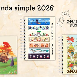 May include: Spiral-bound 2026 agenda with illustrations from Studio Ghibli films. The cover features the text "Agenda simple 2026". The agenda includes colorful images of characters and scenes from popular animated movies.