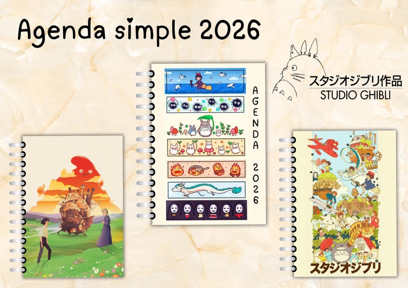 May include: Spiral-bound 2026 agenda with illustrations from Studio Ghibli films. The cover features the text "Agenda simple 2026". The agenda includes colorful images of characters and scenes from popular animated movies.