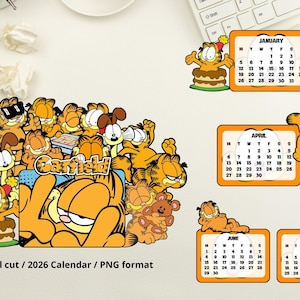 Printbare mini-bureaukalender met oranje gestreepte katten voor 2026 (Engelse versie) - Handgesneden ontwerp van Lasagna Dog - Digitaal