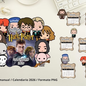 Puede incluir: Un conjunto de recortes de calendario con temática de Harry Potter para 2026, con ilustraciones de personajes de dibujos animados y calendarios mensuales. La imagen incluye el texto "CALENDARIO 2026" y los meses del año.