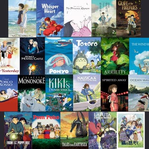 Puede incluir: Una colección de carteles de películas de animación, incluyendo "El viaje de Chihiro", "Mi vecino Totoro" y "El castillo ambulante". Los carteles son coloridos y presentan diversos estilos artísticos. Otros títulos incluyen "Nicky, la aprendiz de bruja".