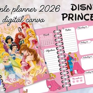 digital simple planner 2026 Princess - canva-agenda-English- Beauty Aurora Ariel Jasmin Snow white cinderella anna elsa moana digital