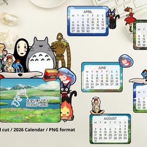 Puede incluir: Pegatinas de personajes de Studio Ghibli y recortes de calendario para 2026. Las pegatinas presentan personajes de varias películas de Ghibli, con meses de calendario en marcos azules y verdes. Incluye el texto "Manual cut / 2026 Calendar / PNG format".