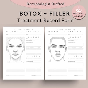 Formulario de registro de tratamiento con botox y relleno, diagrama de mapa facial inyectable de Medspa, paquete de inyección de toxina para enfermeras, esteticista de belleza